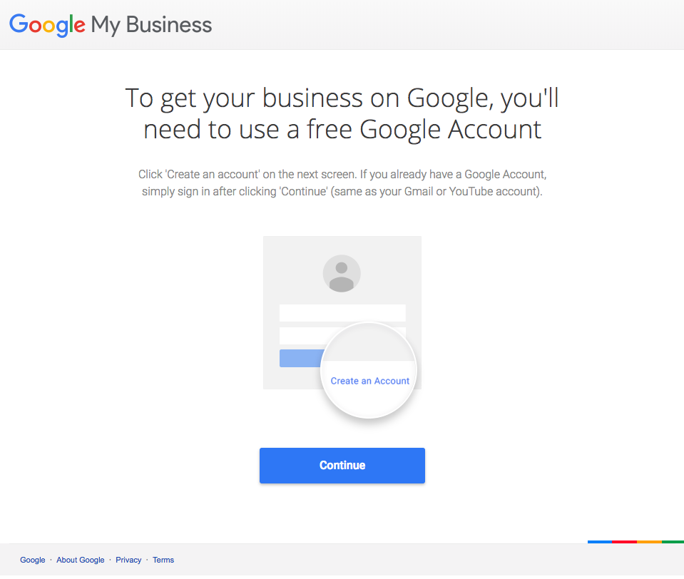 Google My Business account creation page | Dear BV: How Do I Get a Google My Business Listing for My Private Practice? | Brighter Vision | Marketing Blog for Therapists