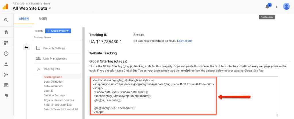 Google Analytics Global Site Tag for website tracking screenshot | How to Get Google Analytics on Your Brighter Vision Website | Marketing Blog for Therapists